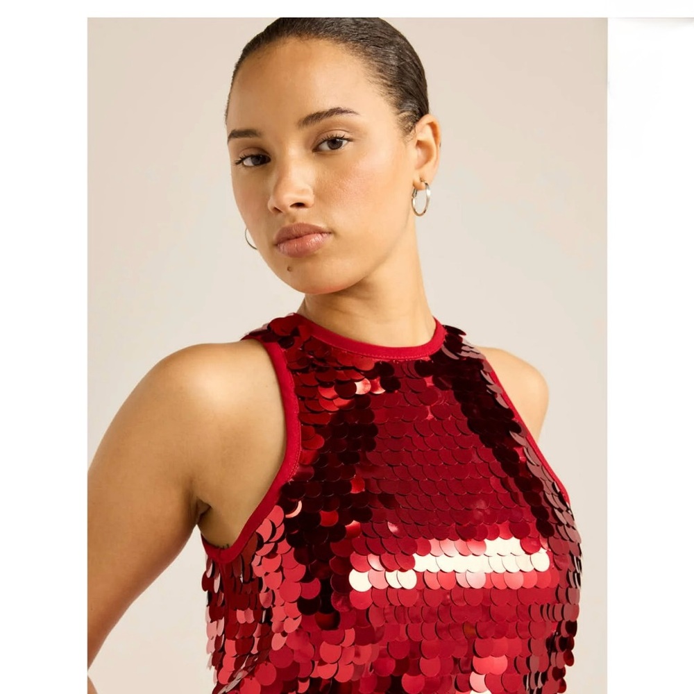 Red Sequin Sleeveless Top Scoop Women's Paillette Sequin Tank Top XS NWT
